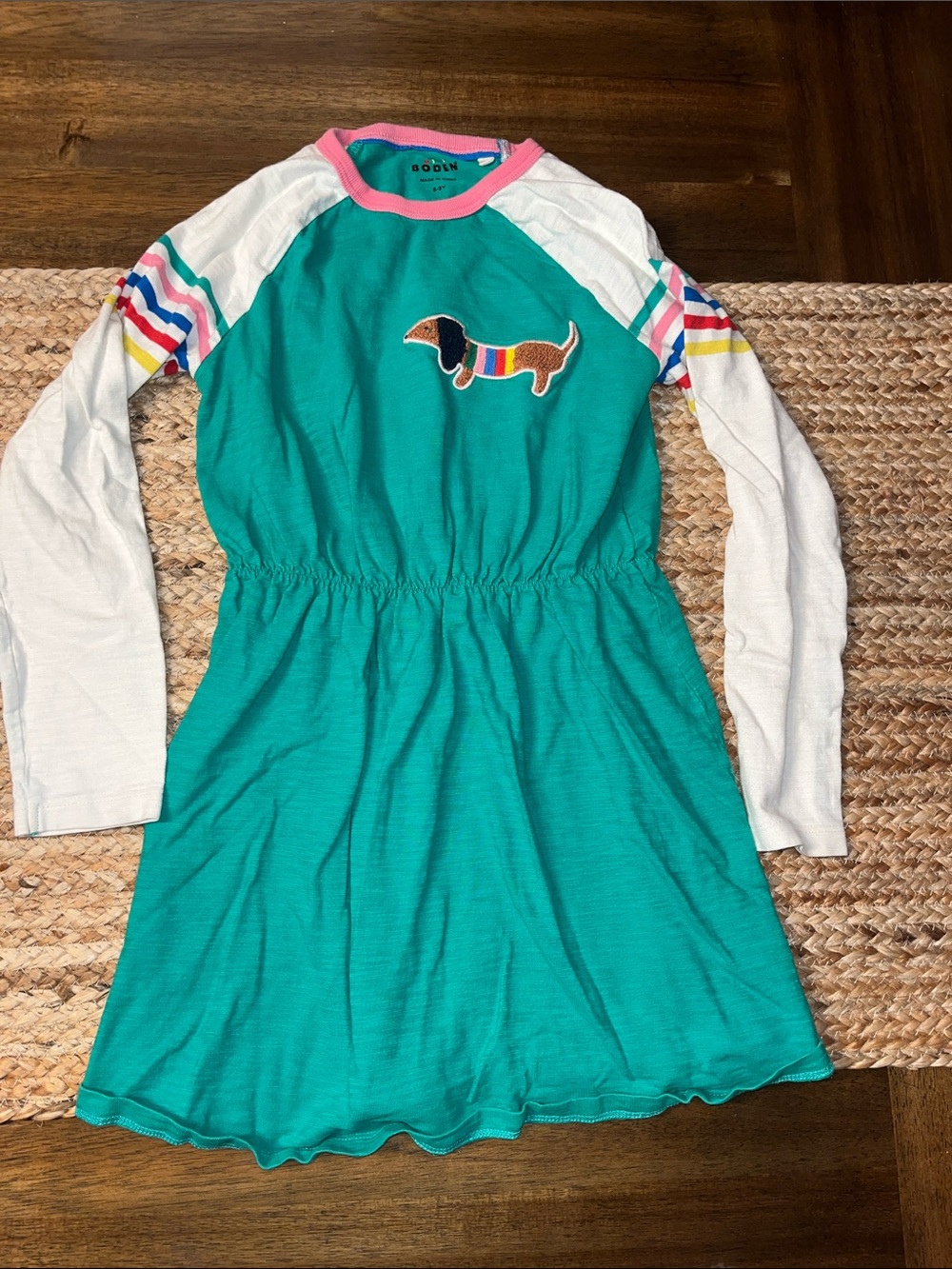 Mini Boden Long-Sleeve Dress with Colorful Dachshund Applique size 8-9y